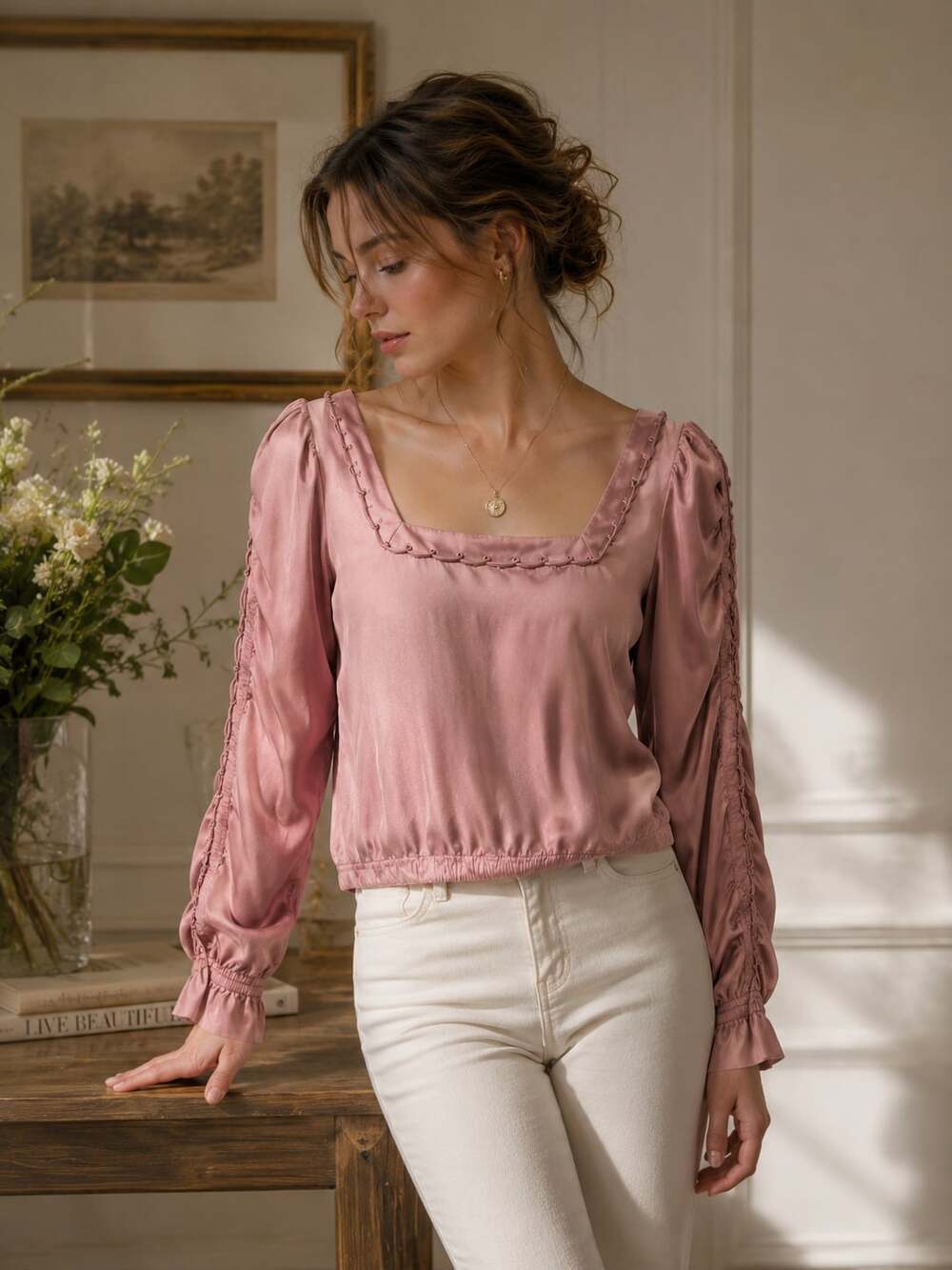 Elie Tahari Pink Silk Satin Blouse XS Romantic Coquette Square Neck